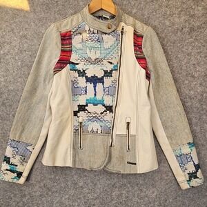 Patchwork Moto Jacket Women XS DESIGUAL Miral Gray White Tribal Biker Aztec $262